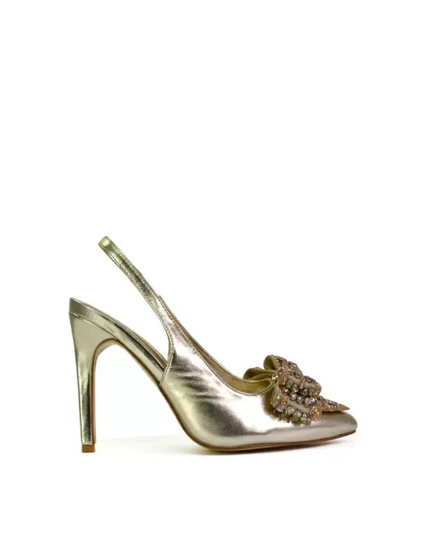 Kimmy Diamante Bow Pointed Toe Court Shoes Stiletto High Heels in Gold