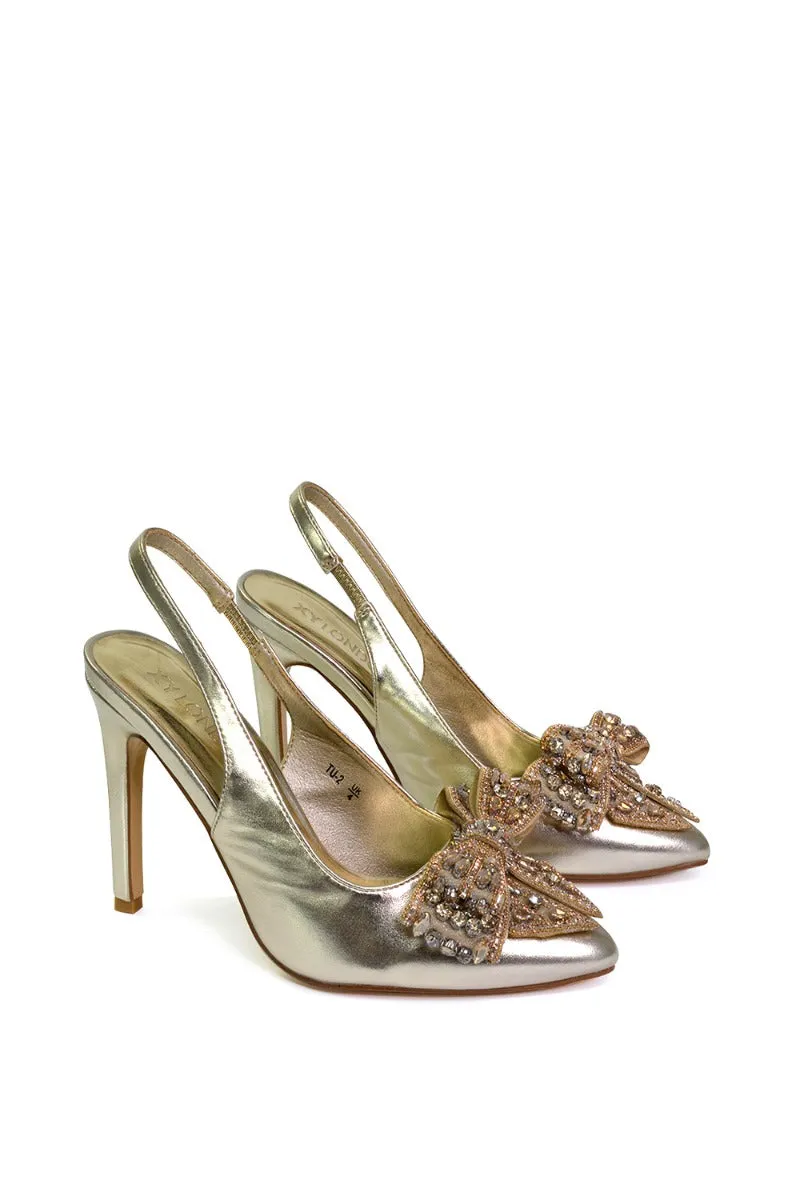 Kimmy Diamante Bow Pointed Toe Court Shoes Stiletto High Heels in Gold