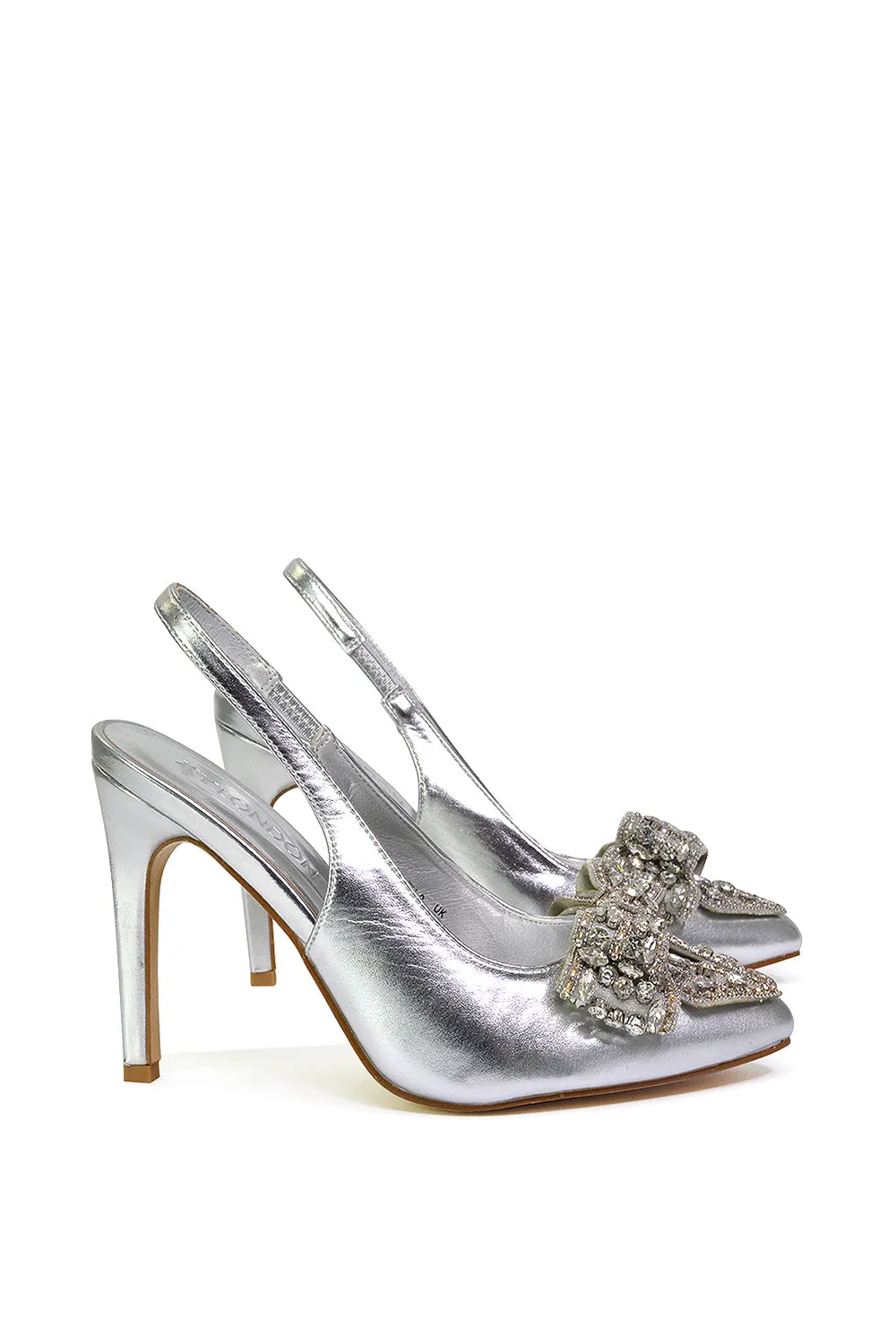 Kimmy Diamante Bow Pointed Toe Court Shoes Stiletto High Heels in Gold