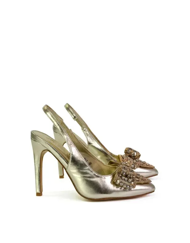 Kimmy Diamante Bow Pointed Toe Court Shoes Stiletto High Heels in Gold