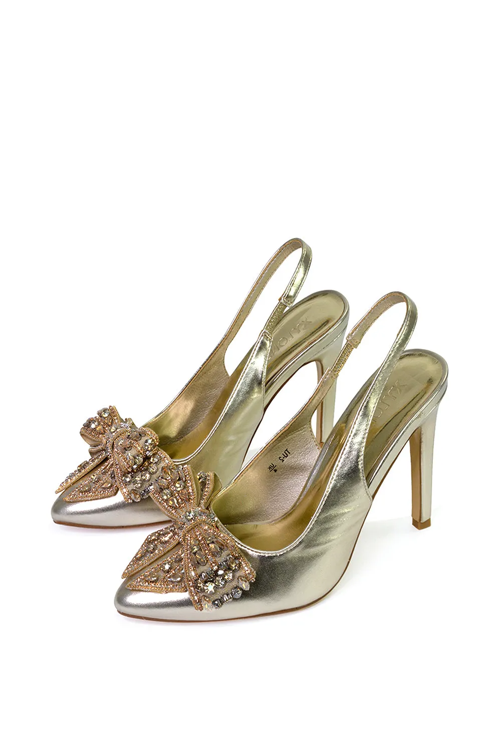 Kimmy Diamante Bow Pointed Toe Court Shoes Stiletto High Heels in Gold