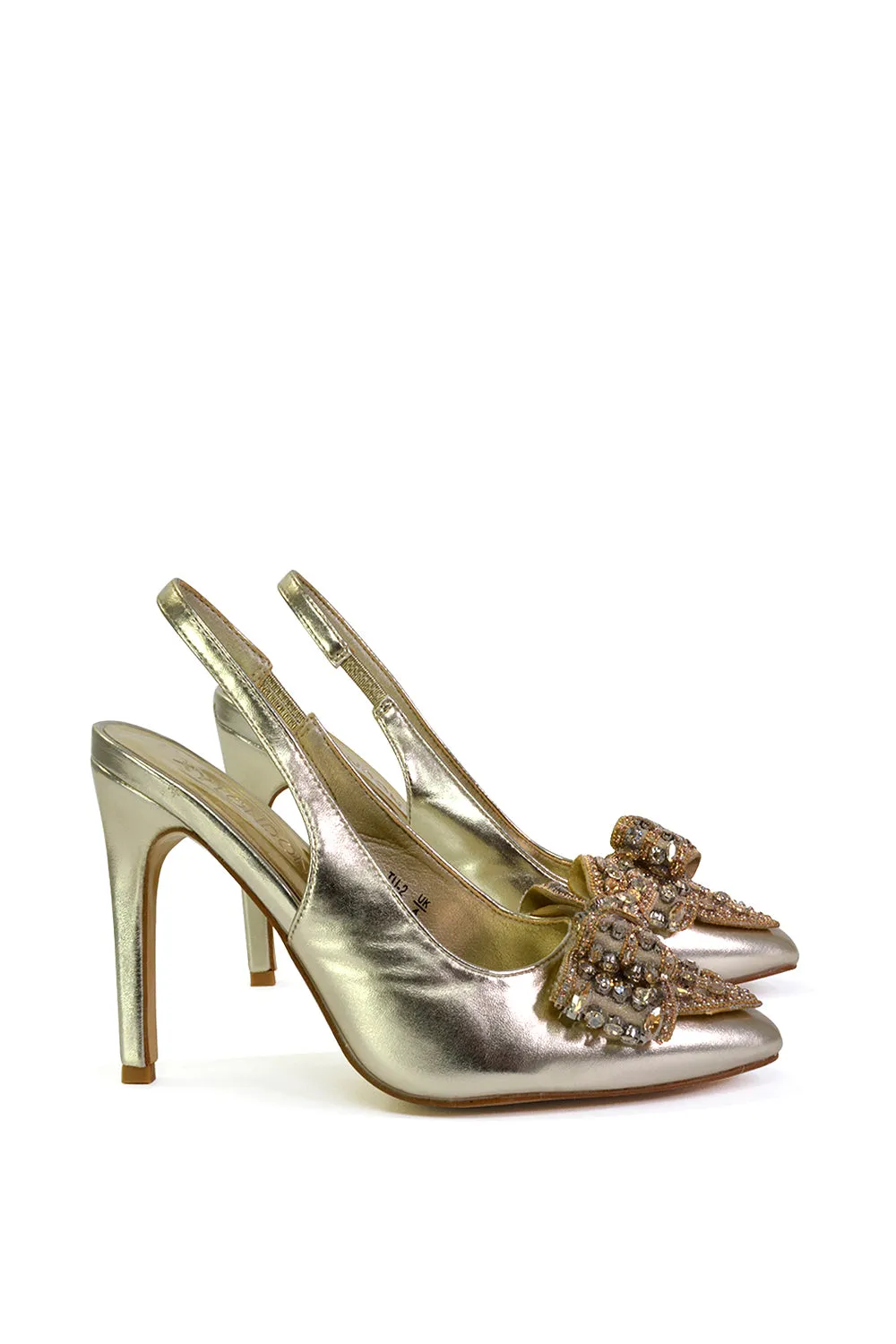 Kimmy Diamante Bow Pointed Toe Court Shoes Stiletto High Heels in Gold