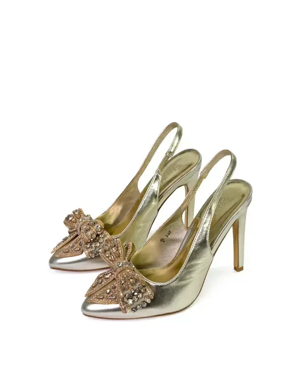 Kimmy Diamante Bow Pointed Toe Court Shoes Stiletto High Heels in Gold