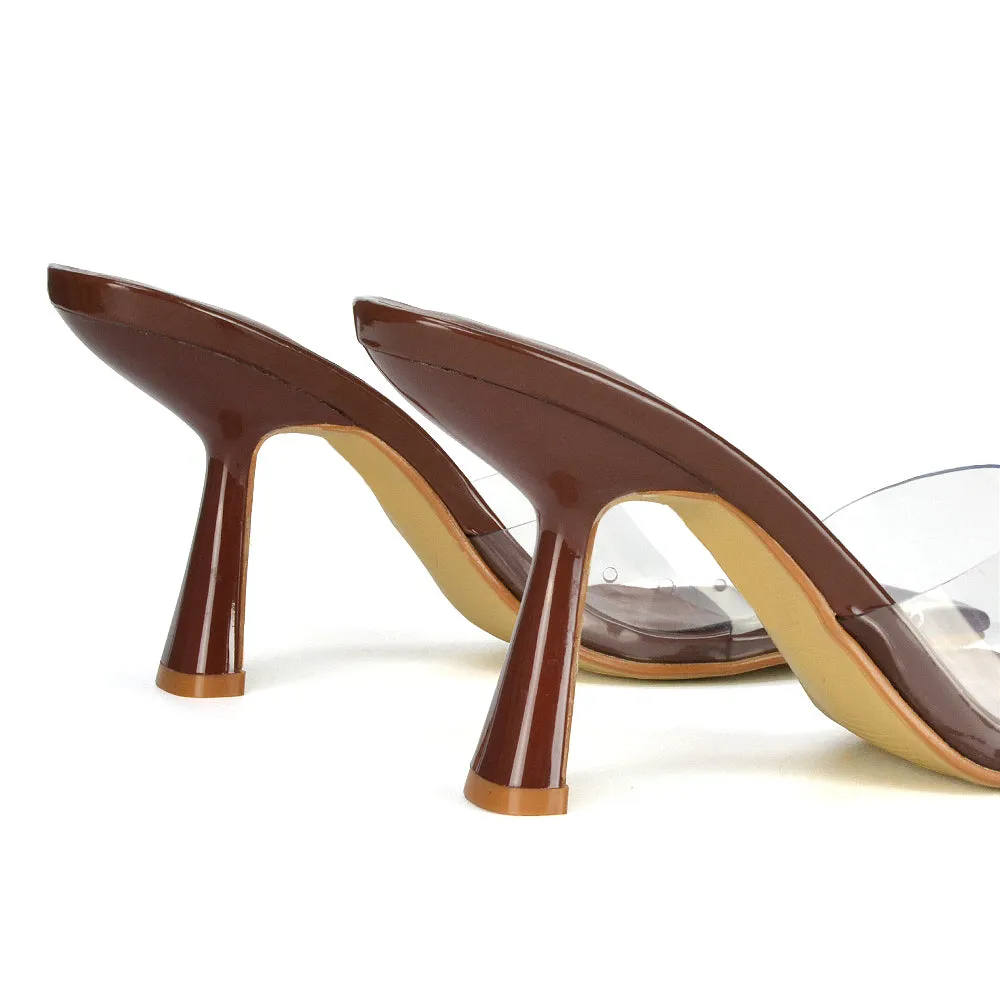 Lacie Square Toe Perspex Thin Block High Heel Mule Sandals in Brown Patent