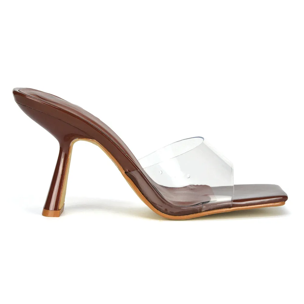 Lacie Square Toe Perspex Thin Block High Heel Mule Sandals in Brown Patent