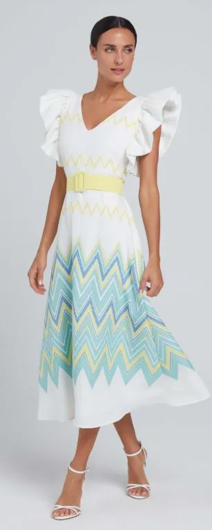 Laura Bernal White Belted Arm Frill Midi Dress