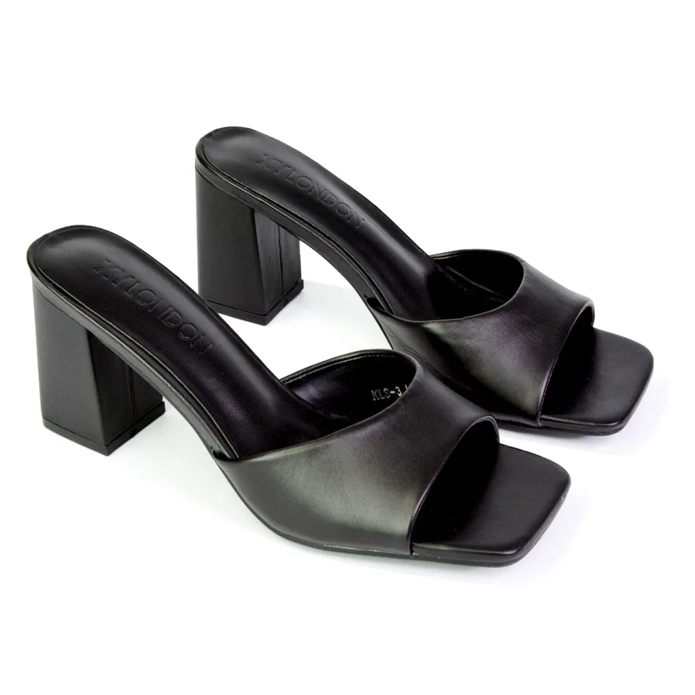 Lennon Square Toe Slip On Mid Block Heel Sandal Mule Sandals in Black