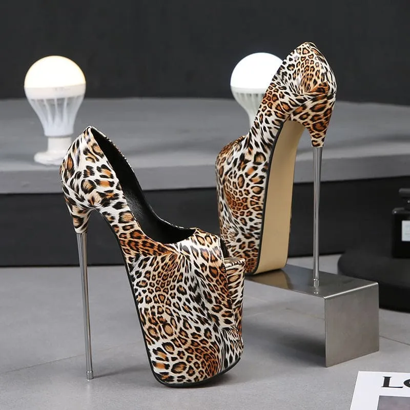 Leopard Print Fish Mouth High Metal Heel Stilettos for Bold Style