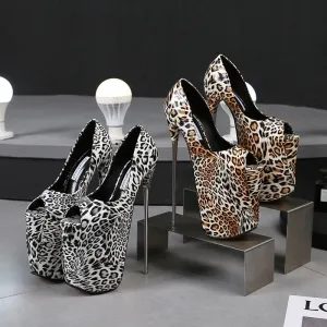 Leopard Print Fish Mouth High Metal Heel Stilettos for Bold Style