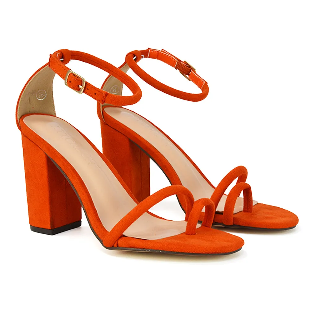 Liana Toe Loop Strappy Chunky Block High Heeled Sandals in Orange Faux Suede