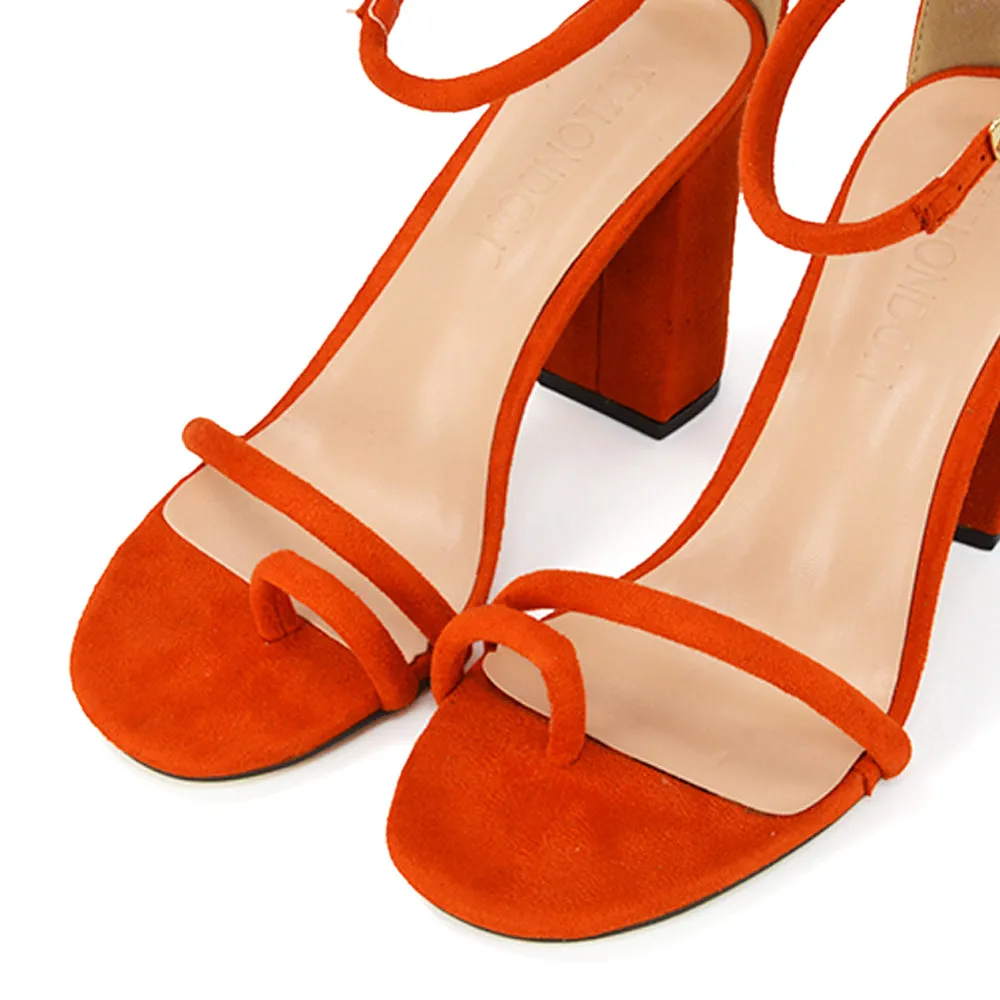 Liana Toe Loop Strappy Chunky Block High Heeled Sandals in Orange Faux Suede