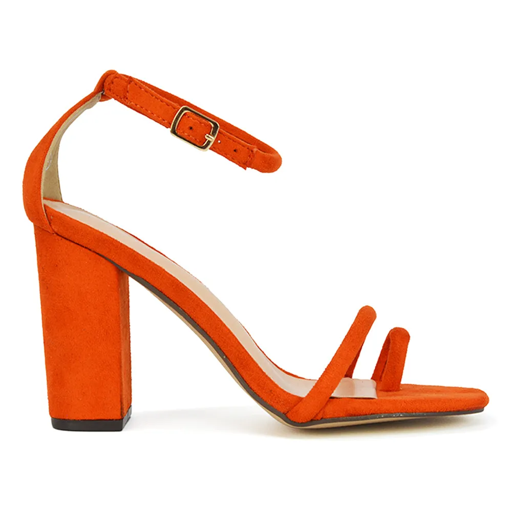 Liana Toe Loop Strappy Chunky Block High Heeled Sandals in Orange Faux Suede