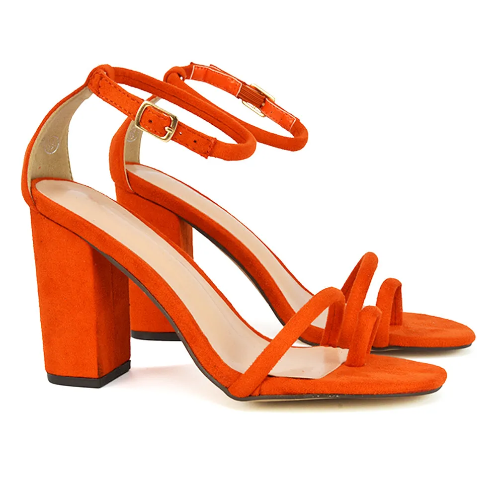 Liana Toe Loop Strappy Chunky Block High Heeled Sandals in Orange Faux Suede