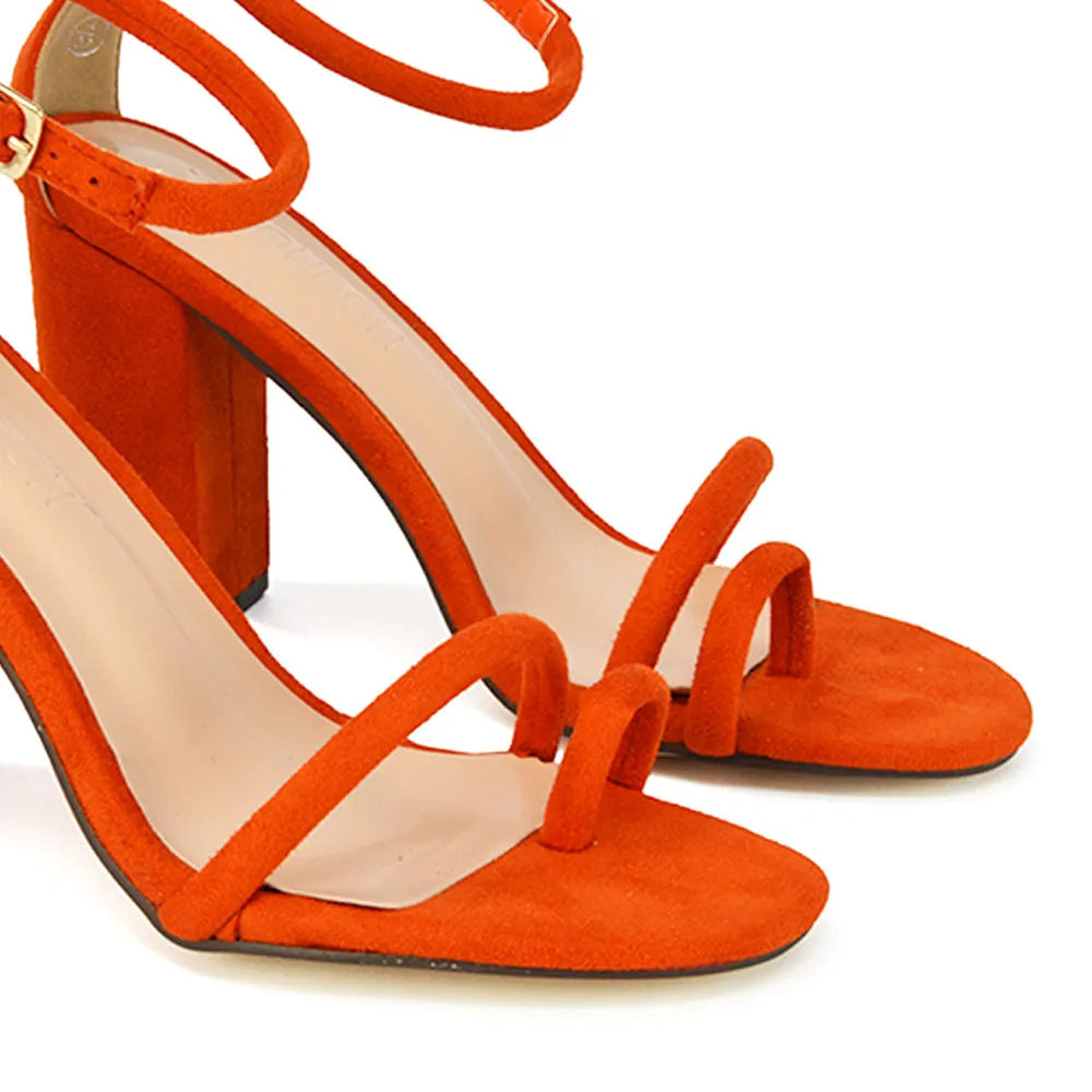 Liana Toe Loop Strappy Chunky Block High Heeled Sandals in Orange Faux Suede