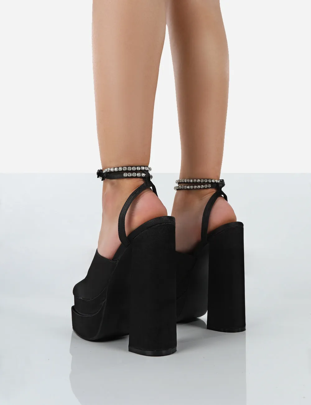 Lilibet Black Satin Diamante Lace Up Strappy Open Toe Statement Platform Block Heels