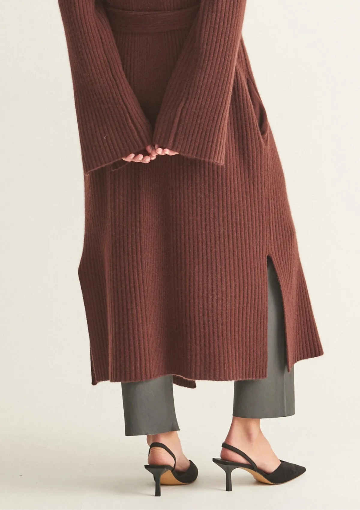 Longline Cashmere Belted Cardigan in Java Brown