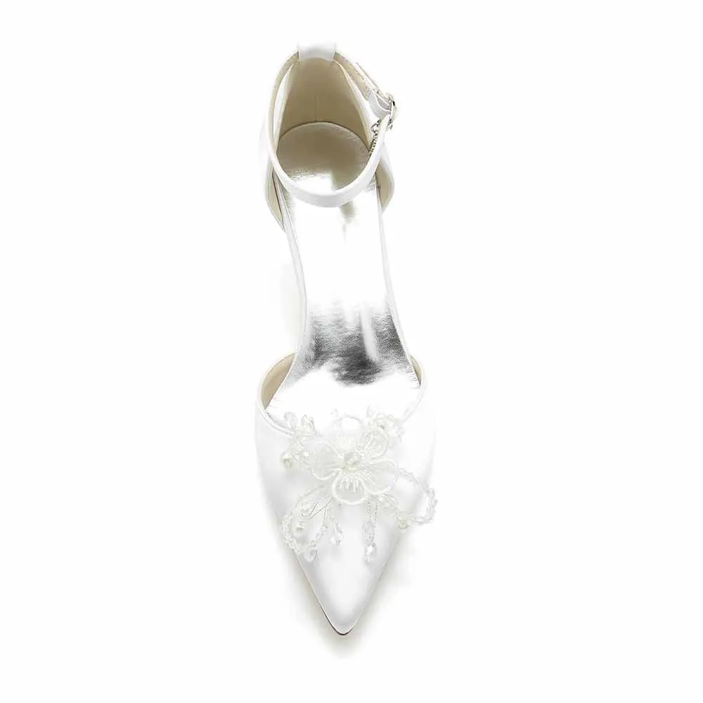 Low Heels Satin Wedding Heels Appliqued Ankle Strap Bridal Heels