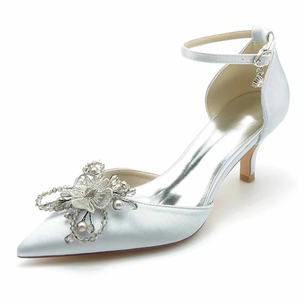 Low Heels Satin Wedding Heels Appliqued Ankle Strap Bridal Heels