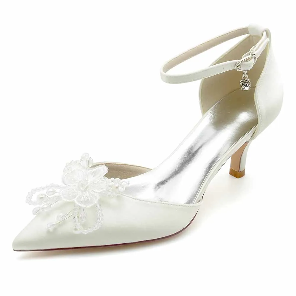 Low Heels Satin Wedding Heels Appliqued Ankle Strap Bridal Heels