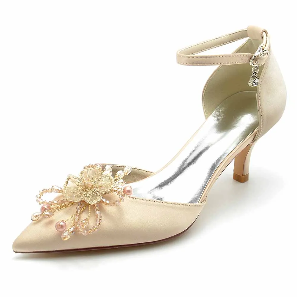 Low Heels Satin Wedding Heels Appliqued Ankle Strap Bridal Heels