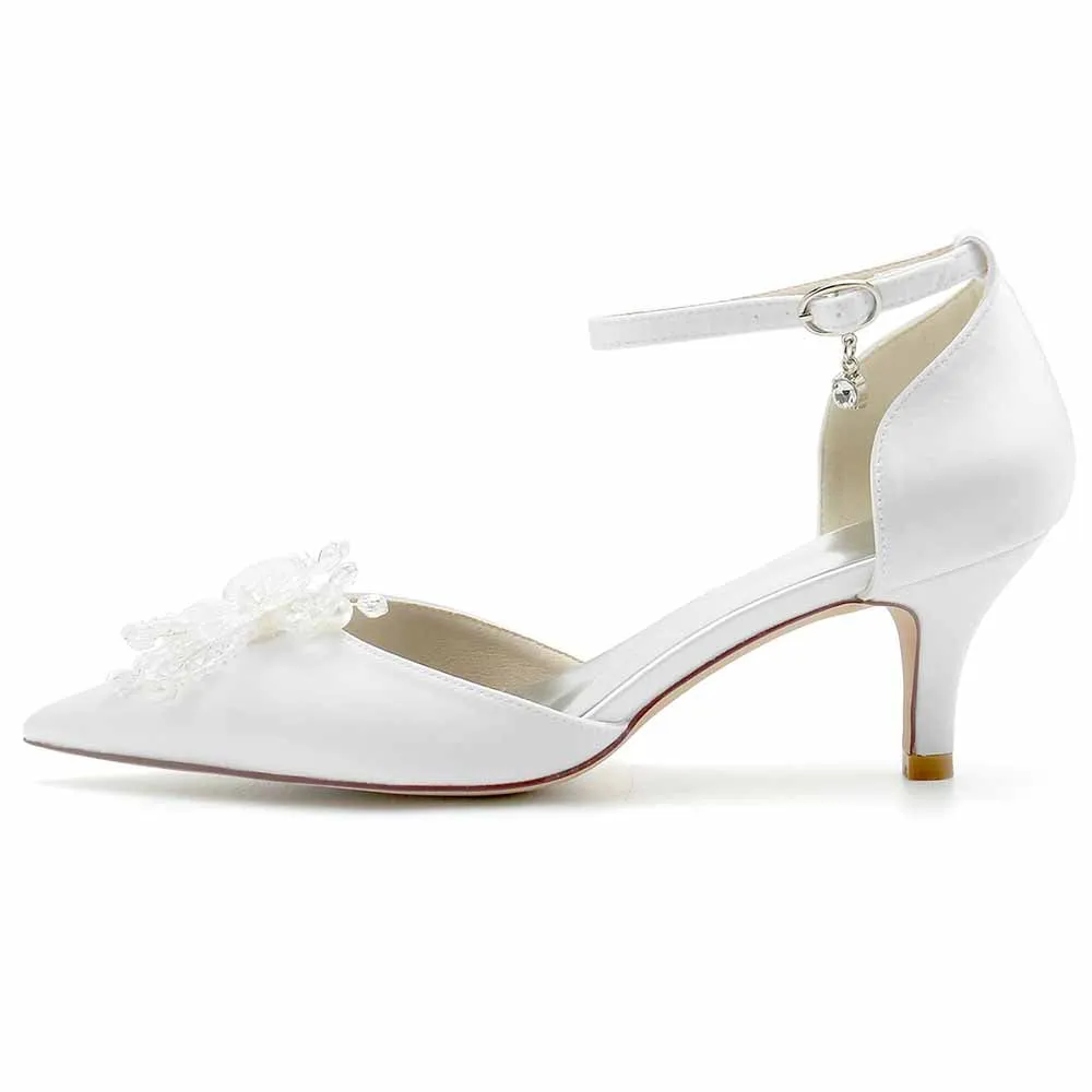 Low Heels Satin Wedding Heels Appliqued Ankle Strap Bridal Heels