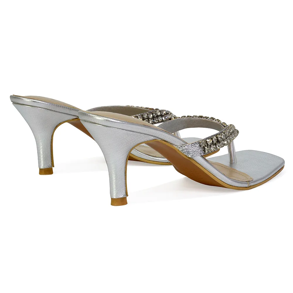 Lynn Square Toe Post Embellished Diamante Strappy Kitten Heel Mule Sandals in Silver