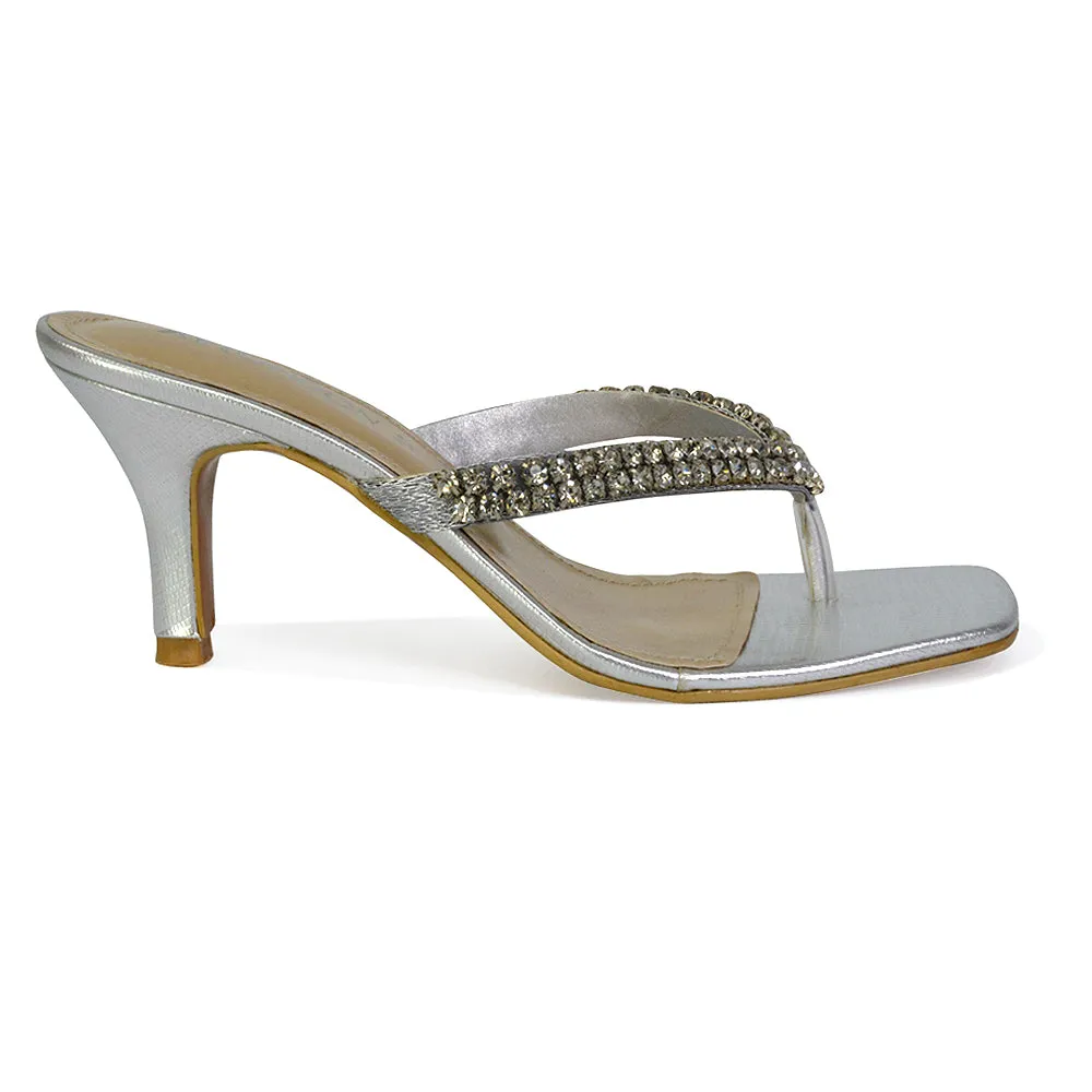 Lynn Square Toe Post Embellished Diamante Strappy Kitten Heel Mule Sandals in Silver