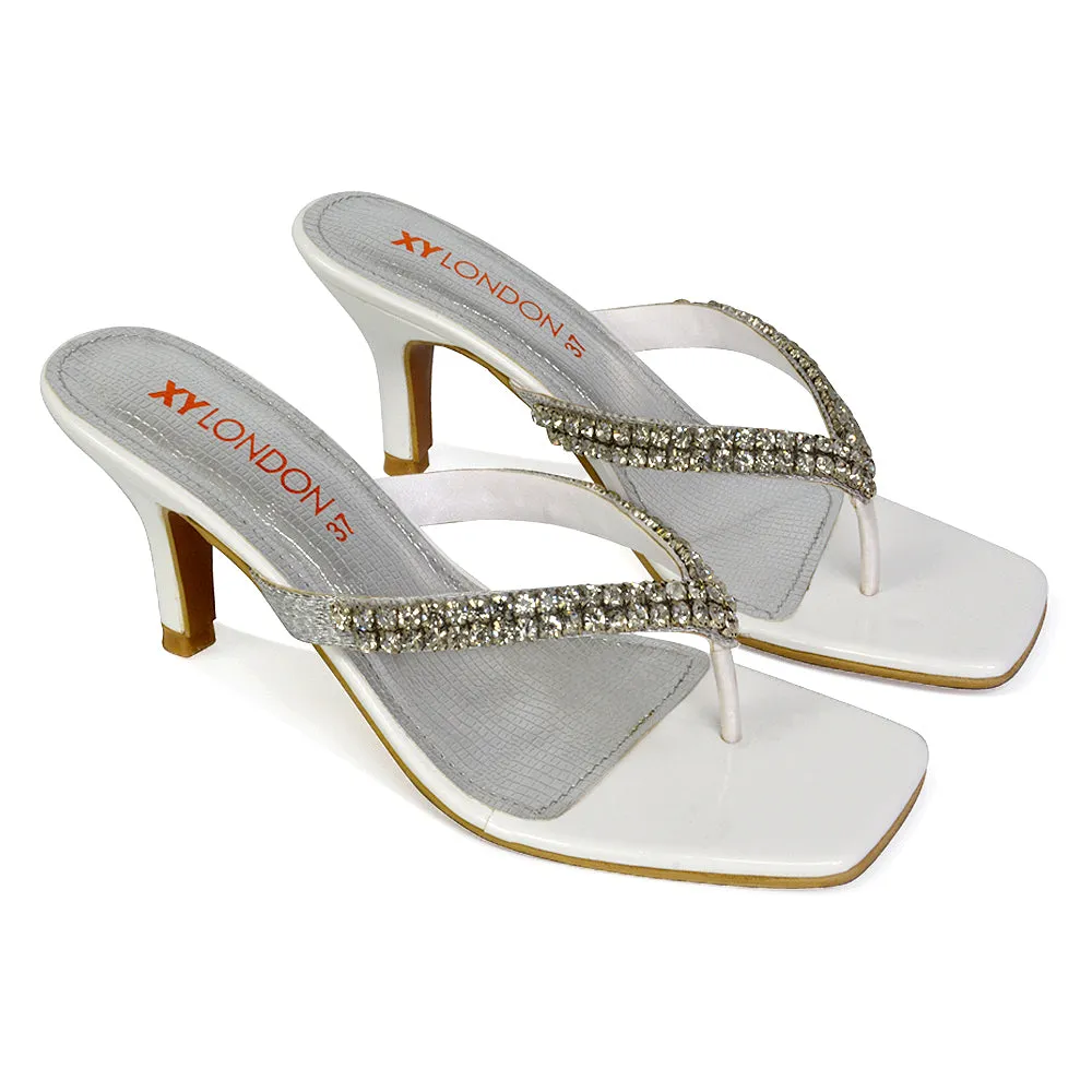 Lynn Square Toe Post Embellished Diamante Strappy Kitten Heel Mule Sandals in Silver