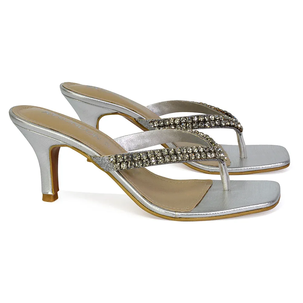 Lynn Square Toe Post Embellished Diamante Strappy Kitten Heel Mule Sandals in Silver