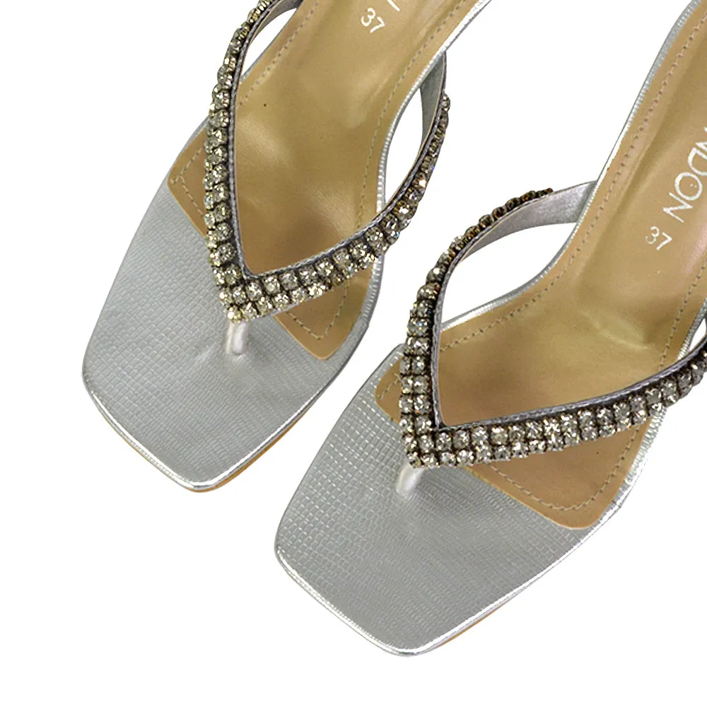 Lynn Square Toe Post Embellished Diamante Strappy Kitten Heel Mule Sandals in Silver