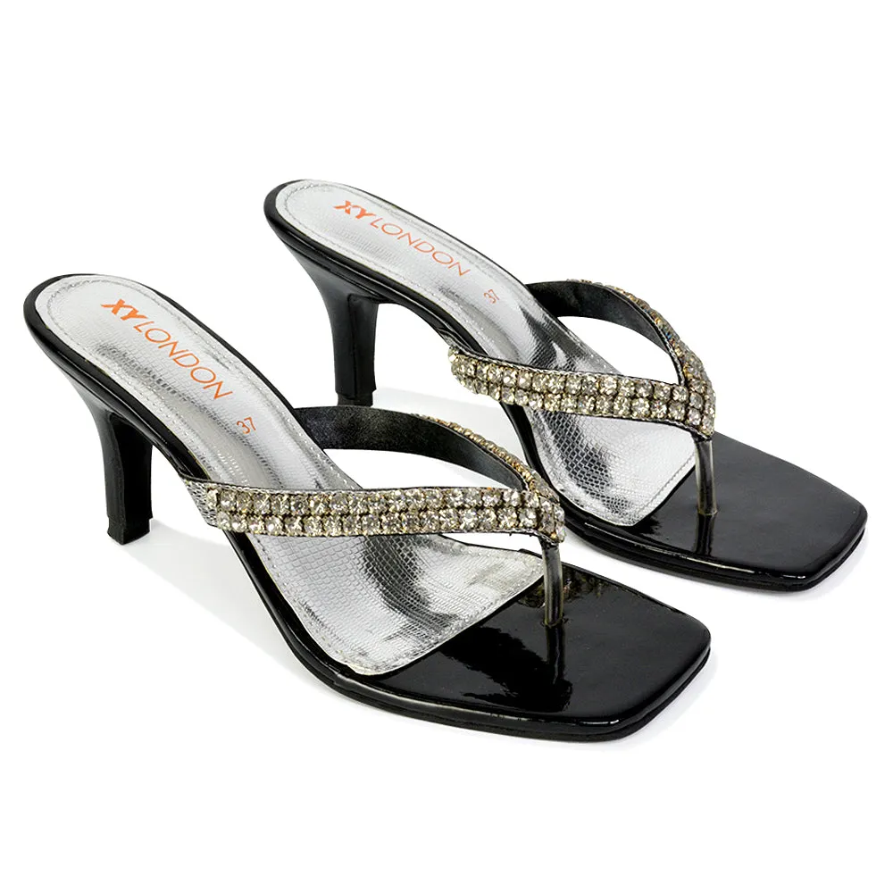 Lynn Square Toe Post Embellished Diamante Strappy Kitten Heel Mule Sandals in Silver