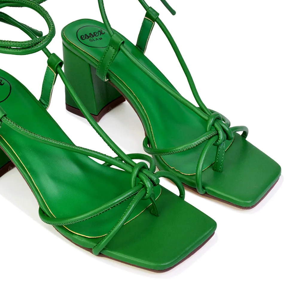 Mackenzie Square Toe Post Lace up Mid Block High Heel Sandals in Green