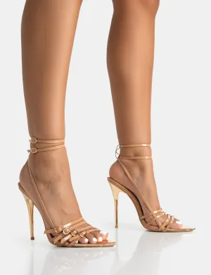 Majesty Nude Patent Buckles Wrap Around Pointed Toe Gold Stiletto Heel