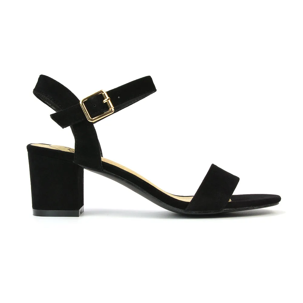 Mariana Strappy Buckle Up Mid Block Heel Sandals in Black Faux Suede