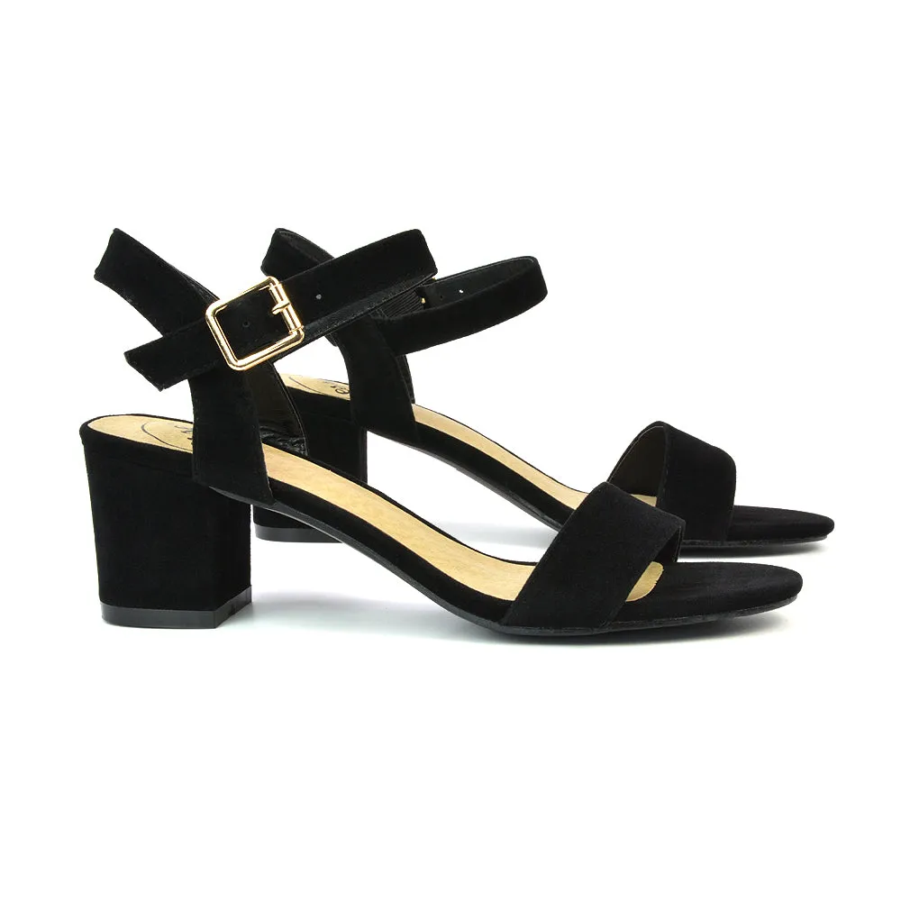 Mariana Strappy Buckle Up Mid Block Heel Sandals in Black Faux Suede