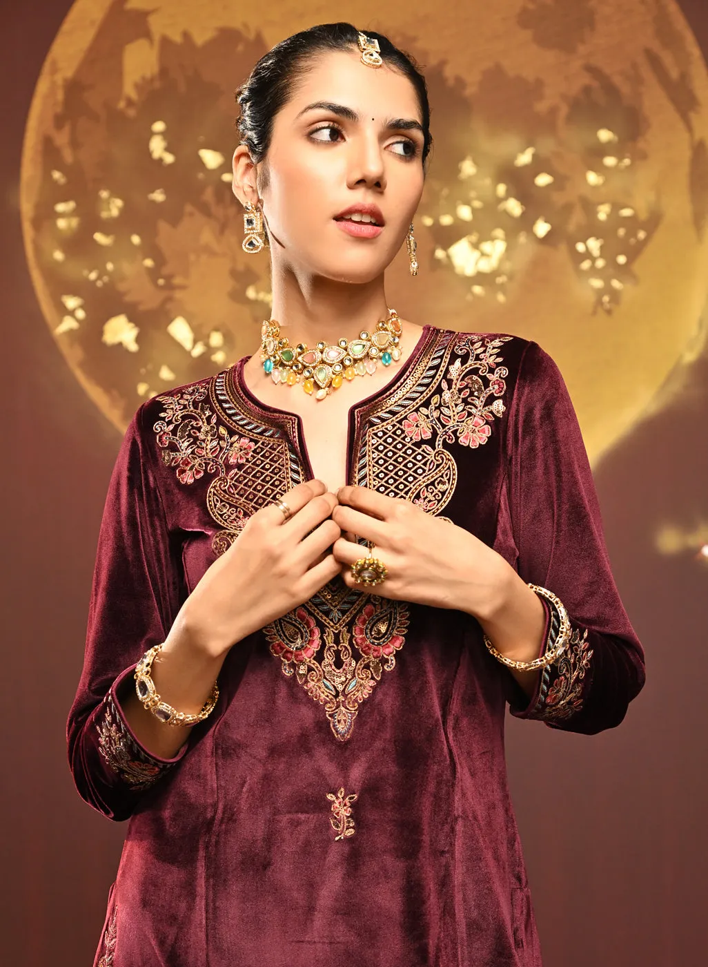 Mayal Maroon Embroidered Velvet Kurta Set for Women