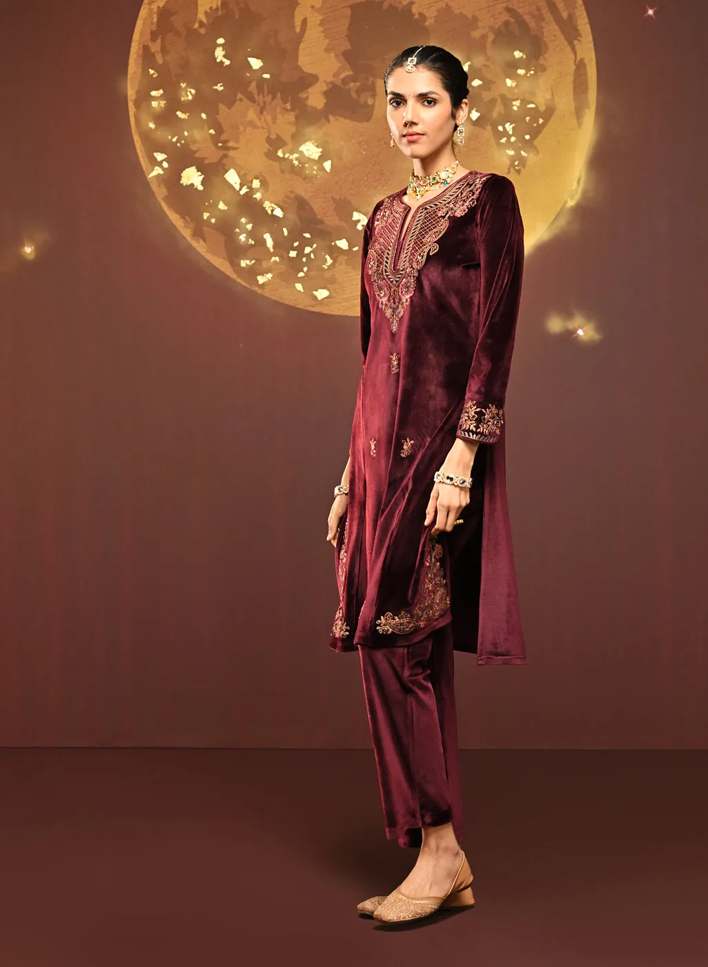 Mayal Maroon Embroidered Velvet Kurta Set for Women