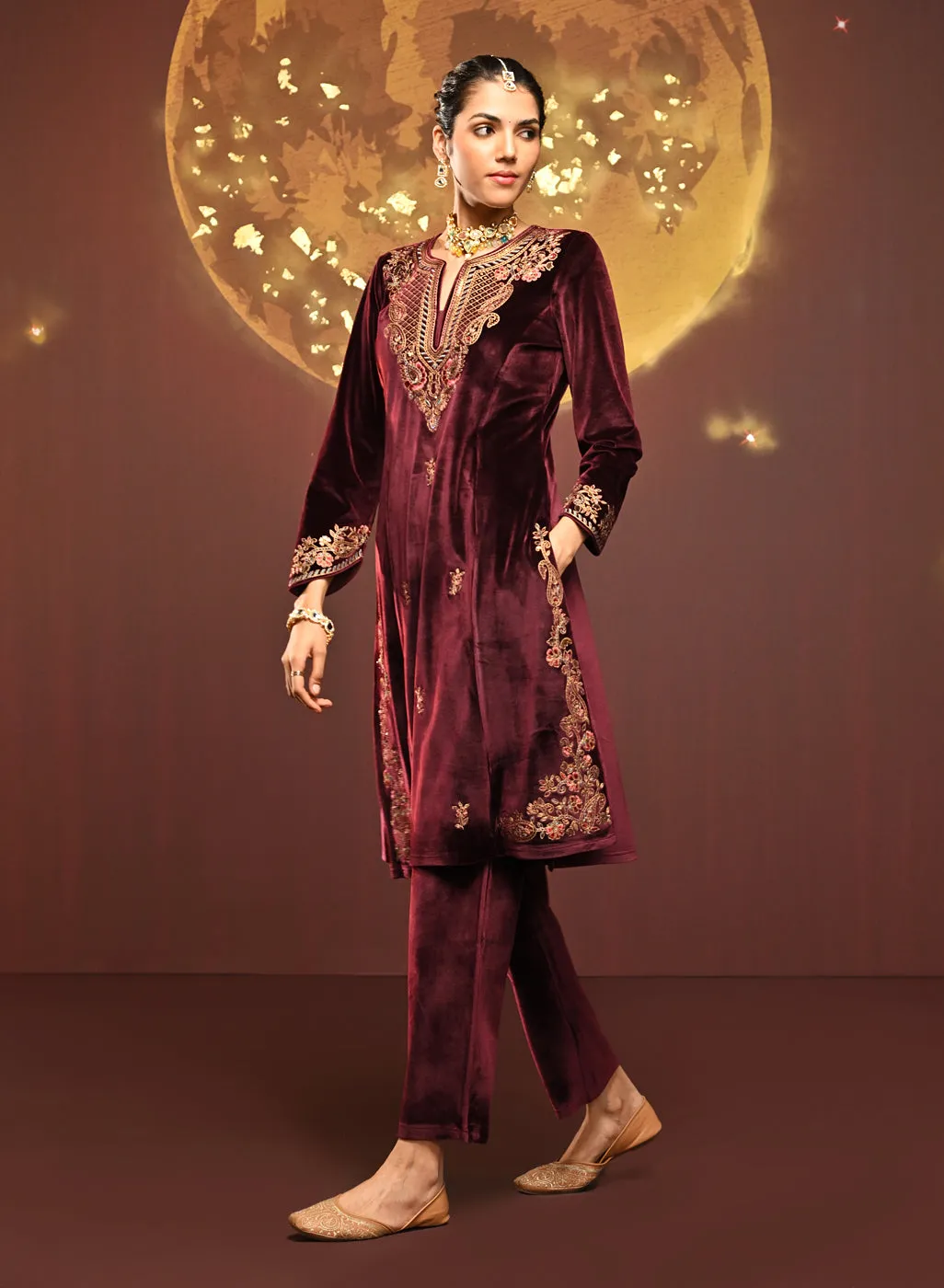 Mayal Maroon Embroidered Velvet Kurta Set for Women