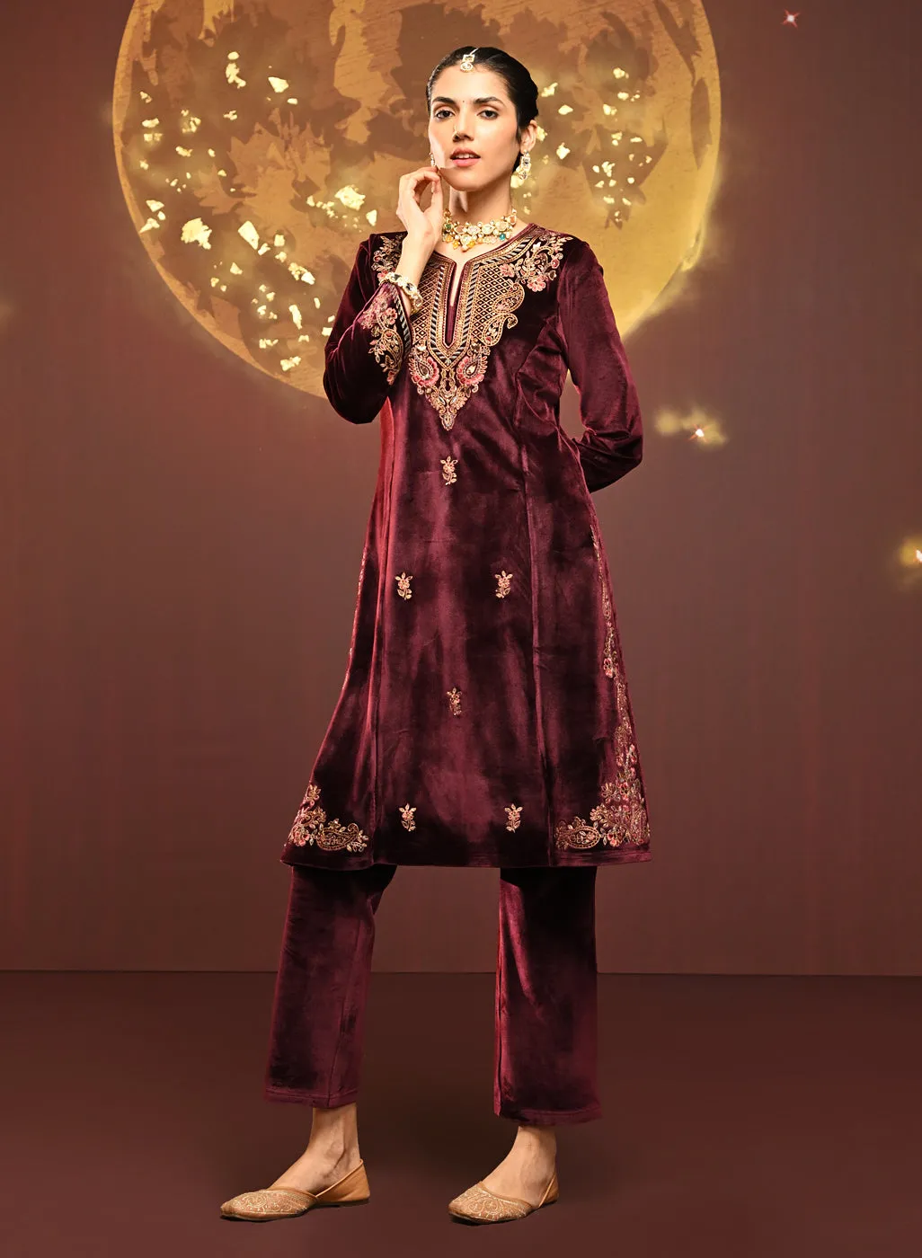 Mayal Maroon Embroidered Velvet Kurta Set for Women