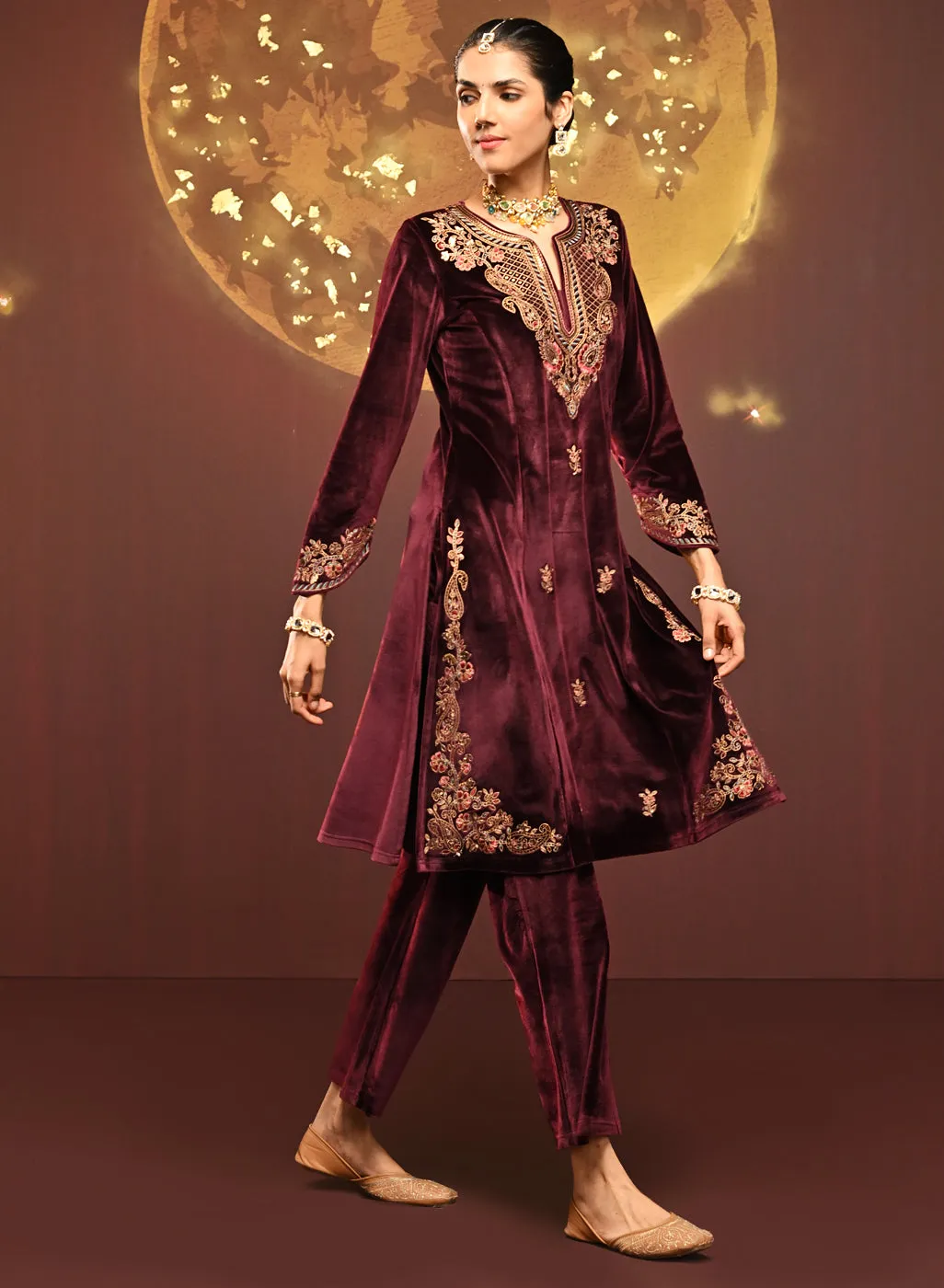 Mayal Maroon Embroidered Velvet Kurta Set for Women