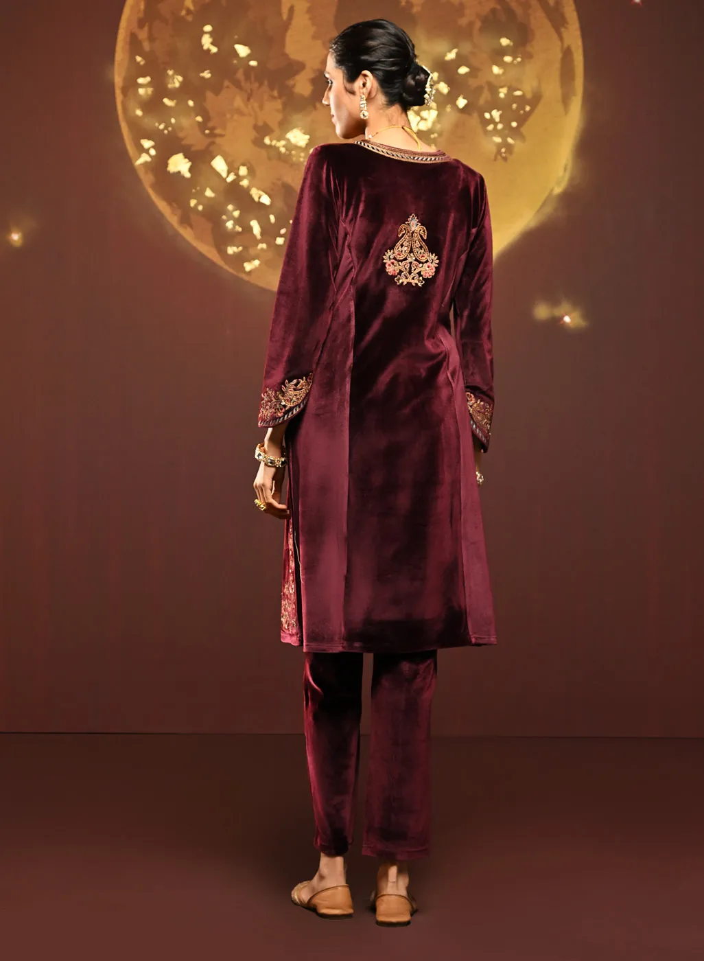 Mayal Maroon Embroidered Velvet Kurta Set for Women