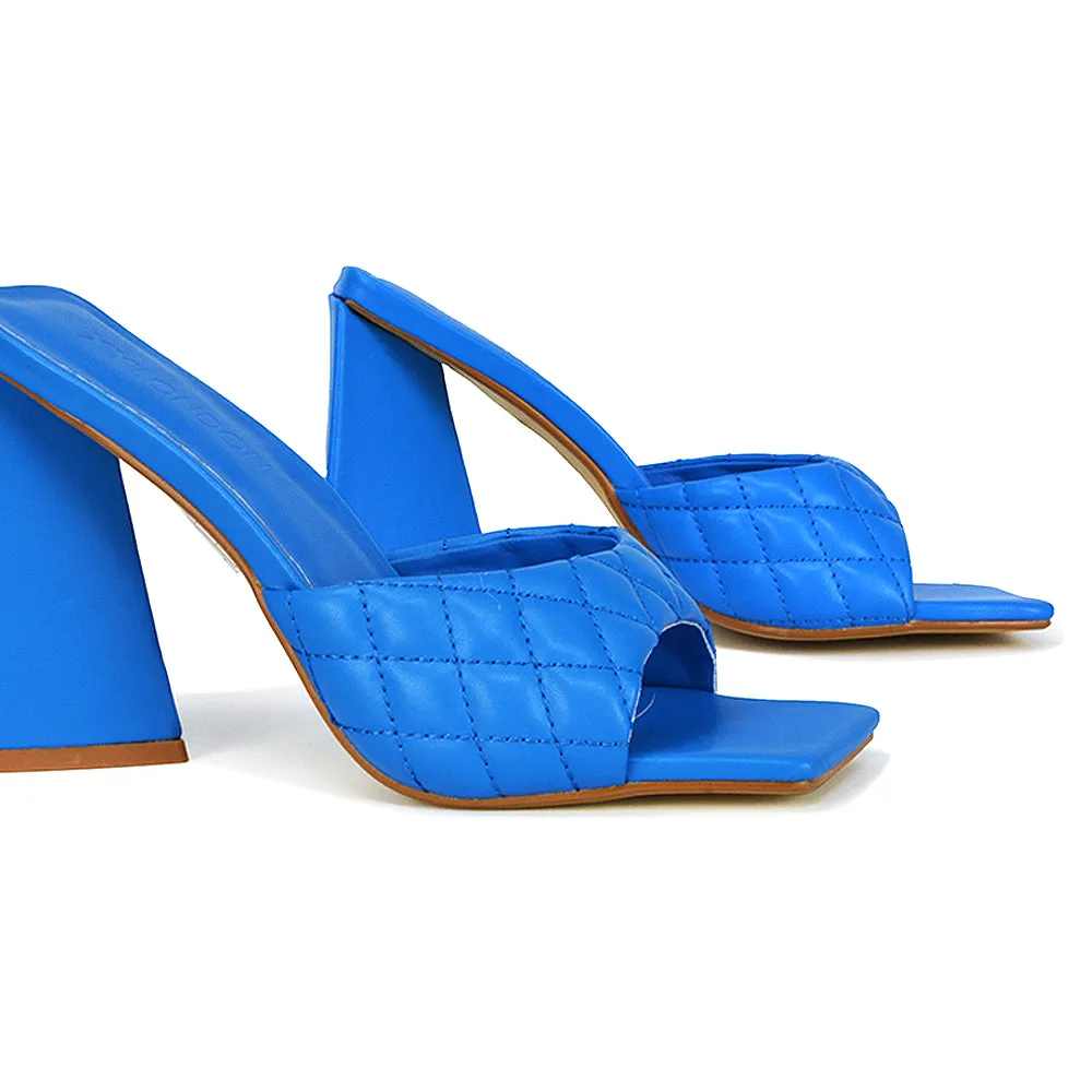 Maylin Quilted Square Toe Sculptured Flared High Heel in Blue Synthetic Leather