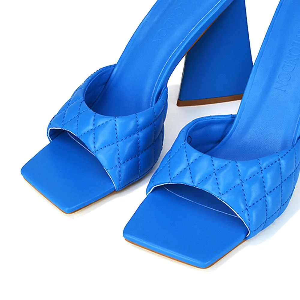 Maylin Quilted Square Toe Sculptured Flared High Heel in Blue Synthetic Leather