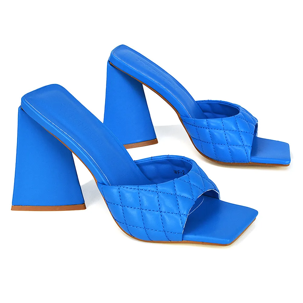 Maylin Quilted Square Toe Sculptured Flared High Heel in Blue Synthetic Leather