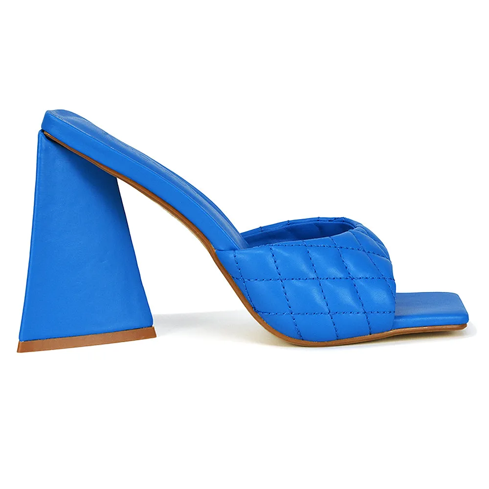 Maylin Quilted Square Toe Sculptured Flared High Heel in Blue Synthetic Leather