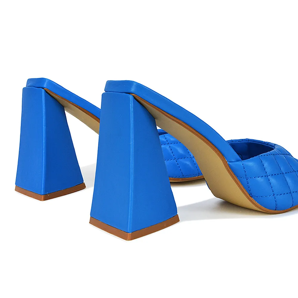 Maylin Quilted Square Toe Sculptured Flared High Heel in Blue Synthetic Leather