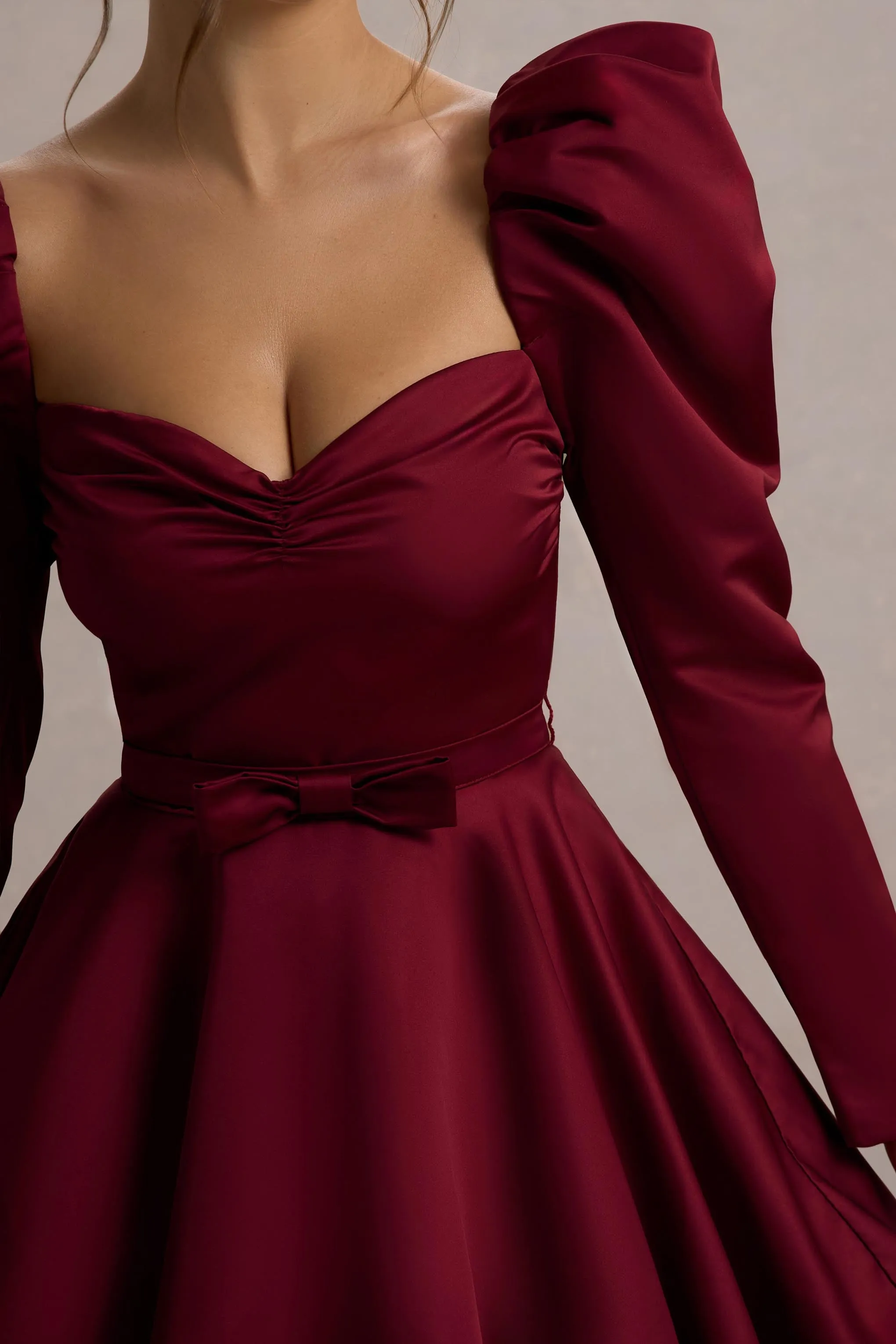 Murphy | Burgundy Satin Belted Mini Dress With Puff Sleeves