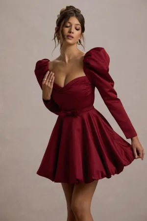 Murphy | Burgundy Satin Belted Mini Dress With Puff Sleeves