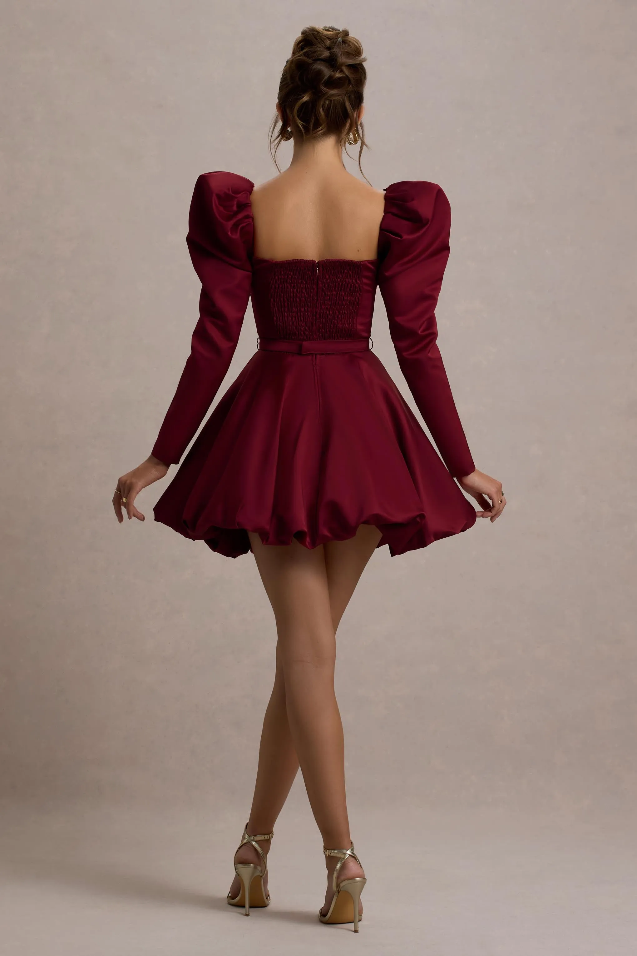 Murphy | Burgundy Satin Belted Mini Dress With Puff Sleeves