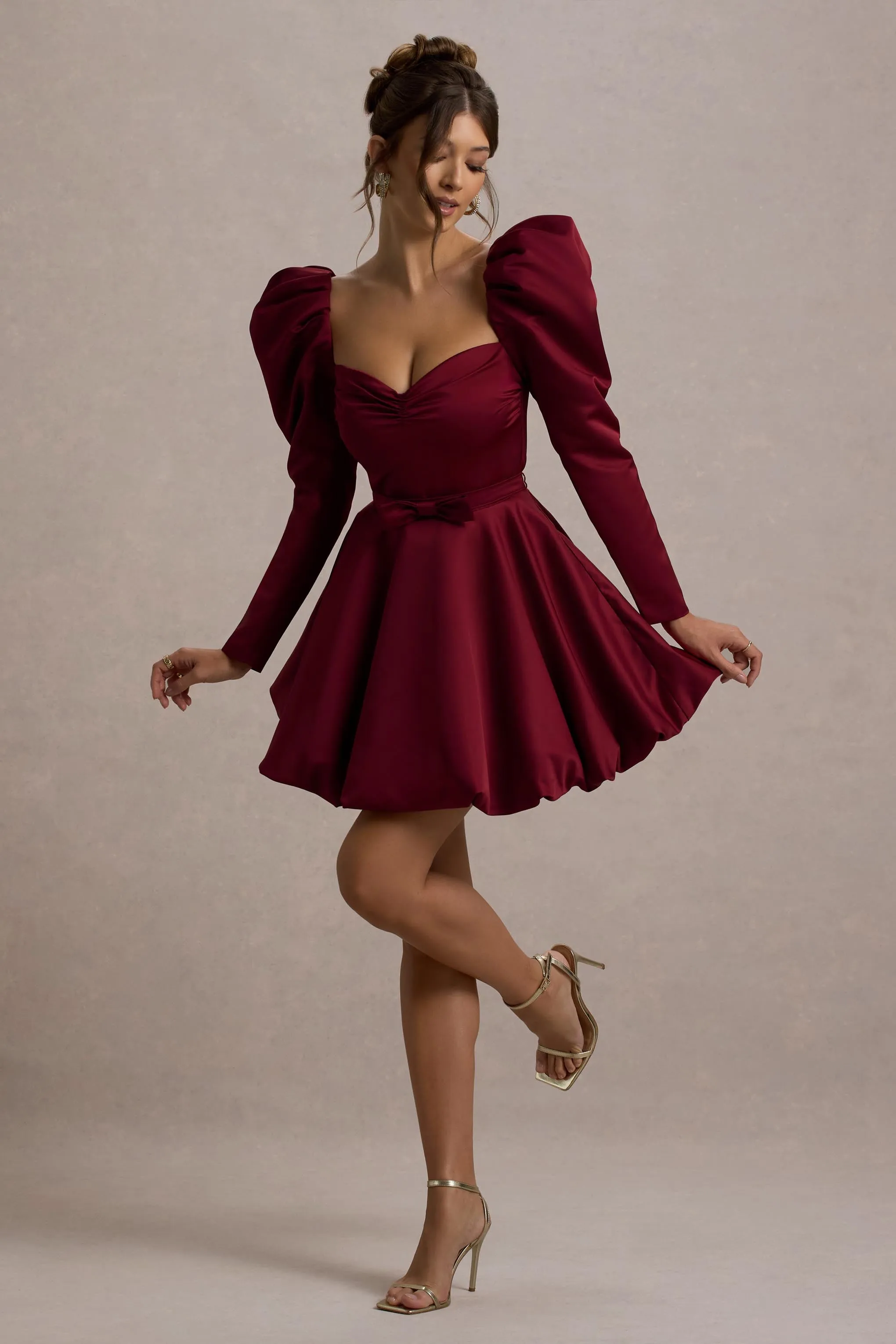 Murphy | Burgundy Satin Belted Mini Dress With Puff Sleeves